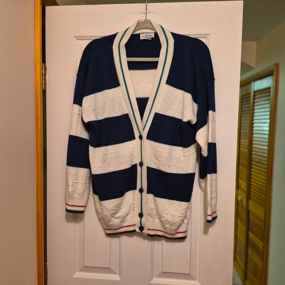 VTG Cristin Stevens Nautical Cardigan Sweater Navy White Stripe Cable Knit L